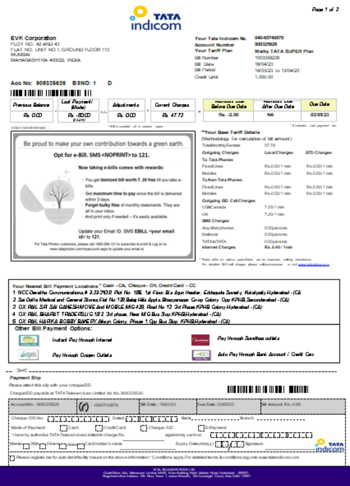 Tata Indicom mobile utility business bill, page 1, SCR PSD template